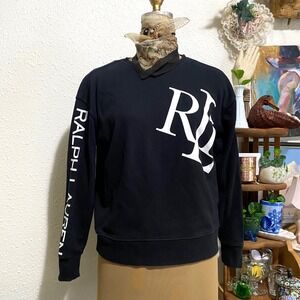 Lauren Ralph Lauren Crew Sweatshirt Preppy Women Logo Sleeve XS Black luxury